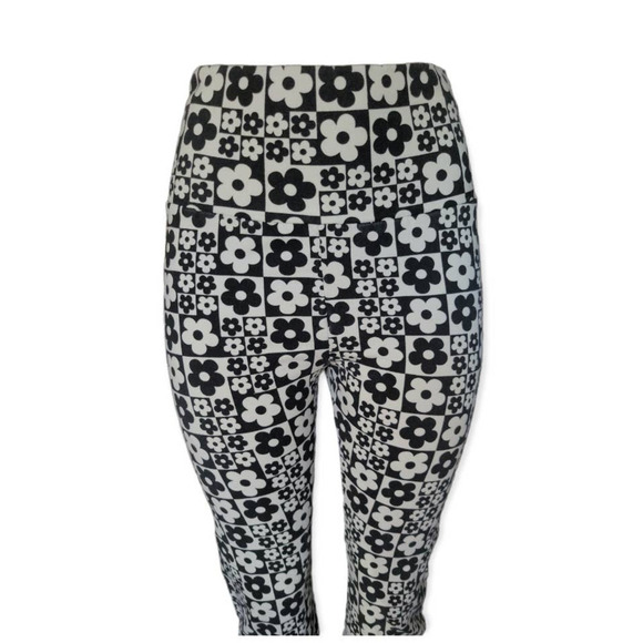 Y2K Retro 70's Floral Print‎ High Rise Flare Leggings Black White - Picture 3 of 9